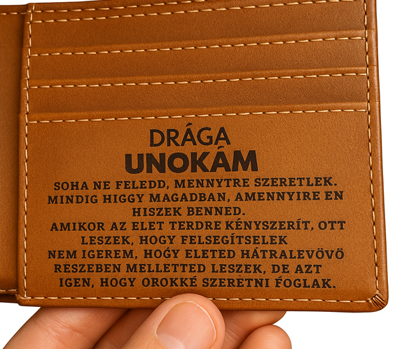 Drága Unokámnak – egyedi bőr pénztárca üzenettel – A100 - díszdobozban 😍