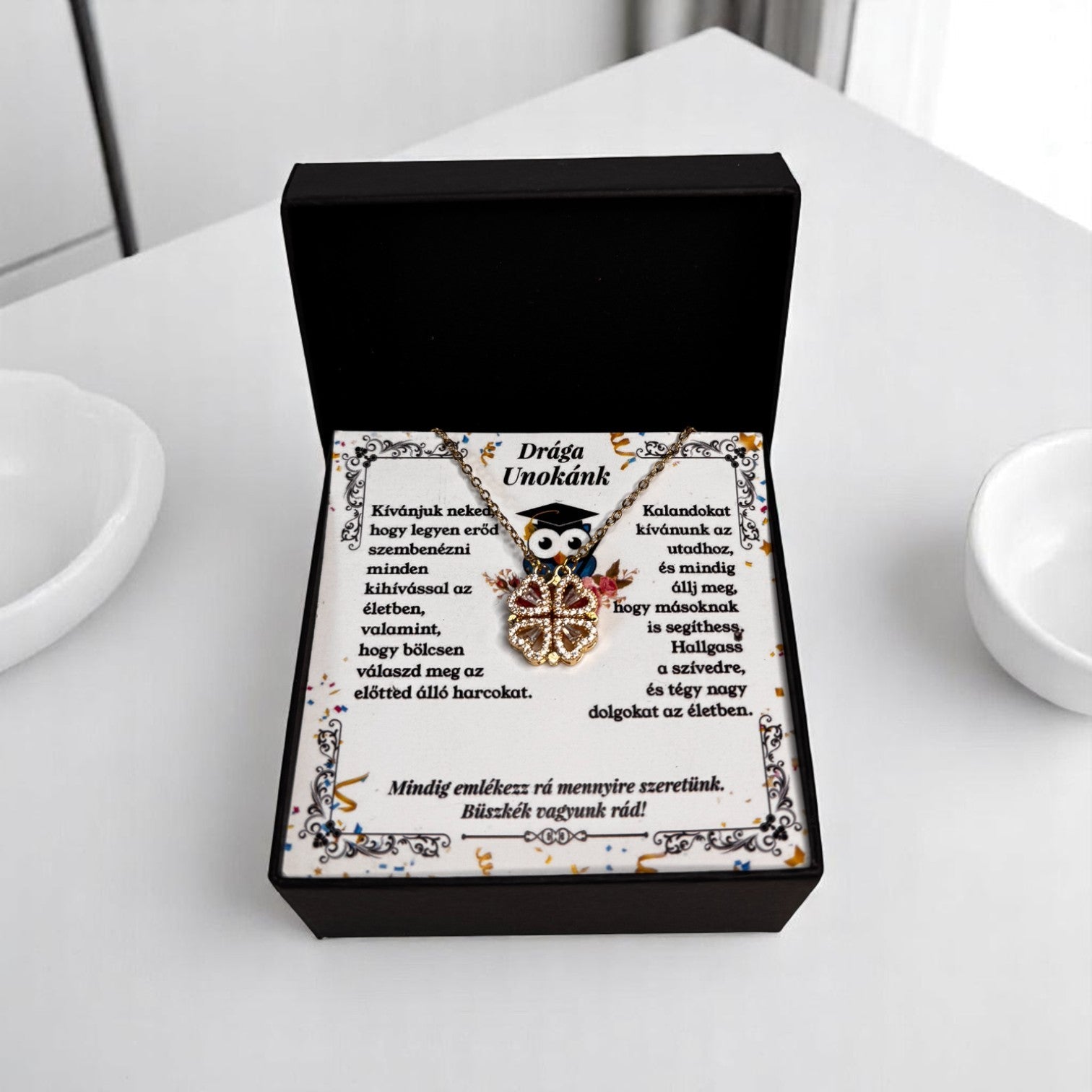 Drága Unokánk -  Ballagási Nyaklánc - A03-Z01 - 4 szív 1 szerencsehozó lóhere minta 😍