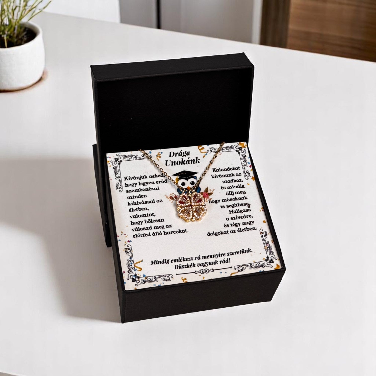 Drága Unokánk -  Ballagási Nyaklánc - A03-Z01 - 4 szív 1 szerencsehozó lóhere minta 😍