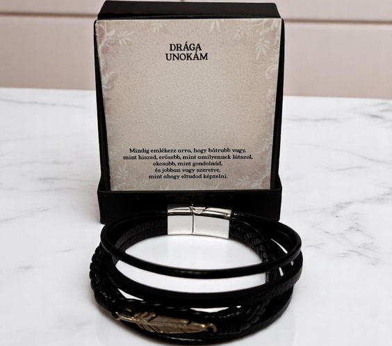 Fekete Bőr KARKÖTŐ - Drága Unokám - A46-Z29 - Mindig Emlékezz ❤