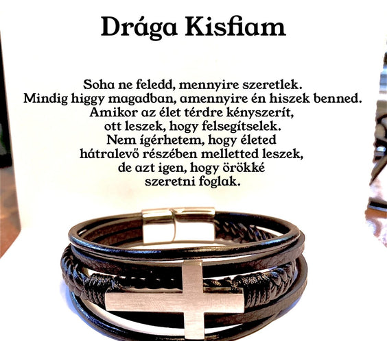 Bőr KARKÖTŐ(Kereszt)❤ - Drága Kisfiam - Soha ne feledd, mennyire szeretlek A25 - egyedinyaklanc.hu