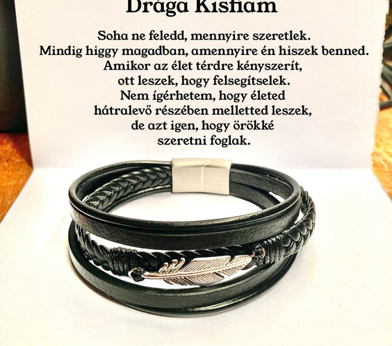 Fekete Bőr KARKÖTŐ P34 - Drága Kisfiam - Soha ne feledd, mennyire szeretlek ❤ - egyedinyaklanc.hu